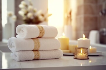 Fototapeta na wymiar White clean towels on table in spa, generative ai