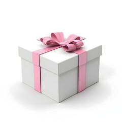 white gift box with pink ribbon on white background