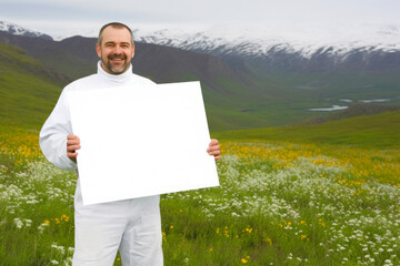 Medium shot portrait photography of a satisfied man in his 40s holding an empty white blank sign poster wearing a warm parka against an alpine meadow or mountain wildflowers background - obrazy, fototapety, plakaty