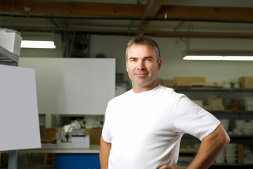 Portrait of confident mature man standing with arms akimbo in warehouse