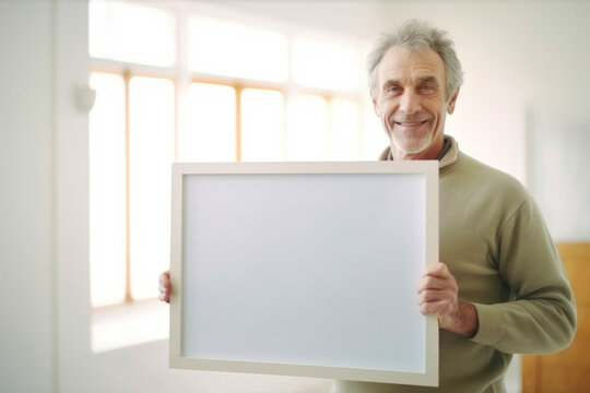 Portrait of happy senior man holding blank white board in his house