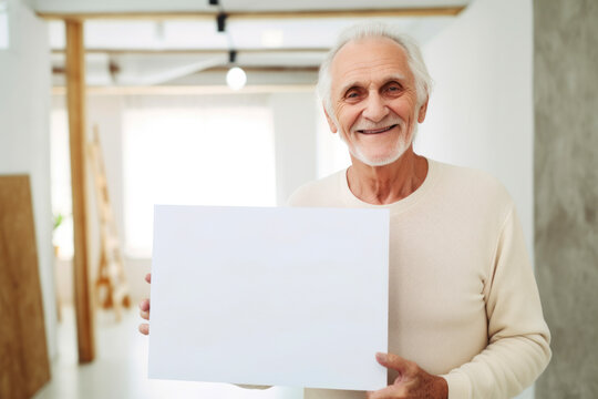 Medium Shot Portrait Photography Of A Pleased Man In His 70s Holding An Empty White Blank Sign Poster Wearing A Cozy Sweater Against A Yoga Studio Or Wellness Background