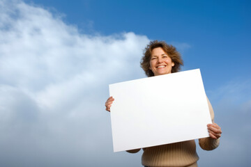 Smiling woman holding a blank sheet of paper against a blue sky