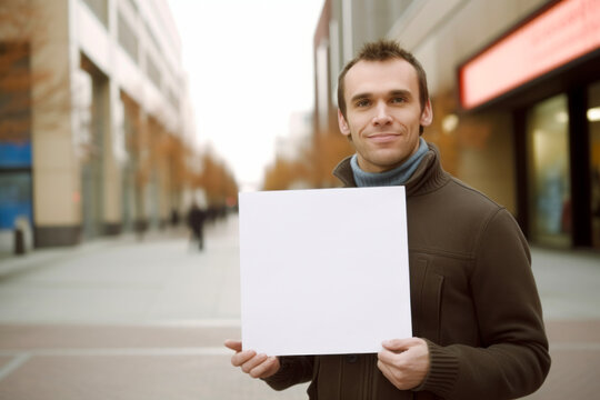 Handsome young man holding a blank white sheet of paper.