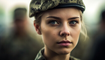 Confident young woman in military uniform outdoors generated by AI