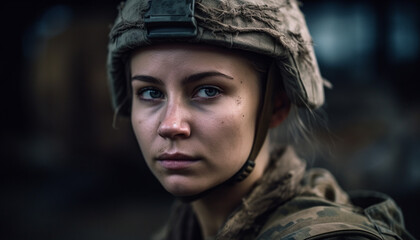 Obraz premium Young woman in camouflage, confident in nature generated by AI