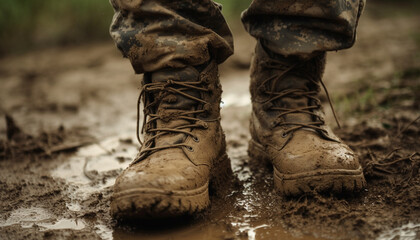 Dirty army boots trudge through muddy terrain generated by AI
