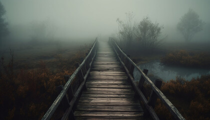 Fototapeta premium Tranquil foggy forest, mysterious beauty in nature generated by AI