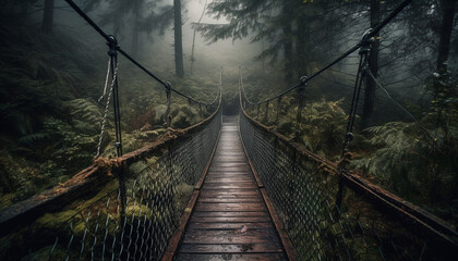 Fototapeta na wymiar Walking on footbridge, surrounded by tropical rainforest generated by AI