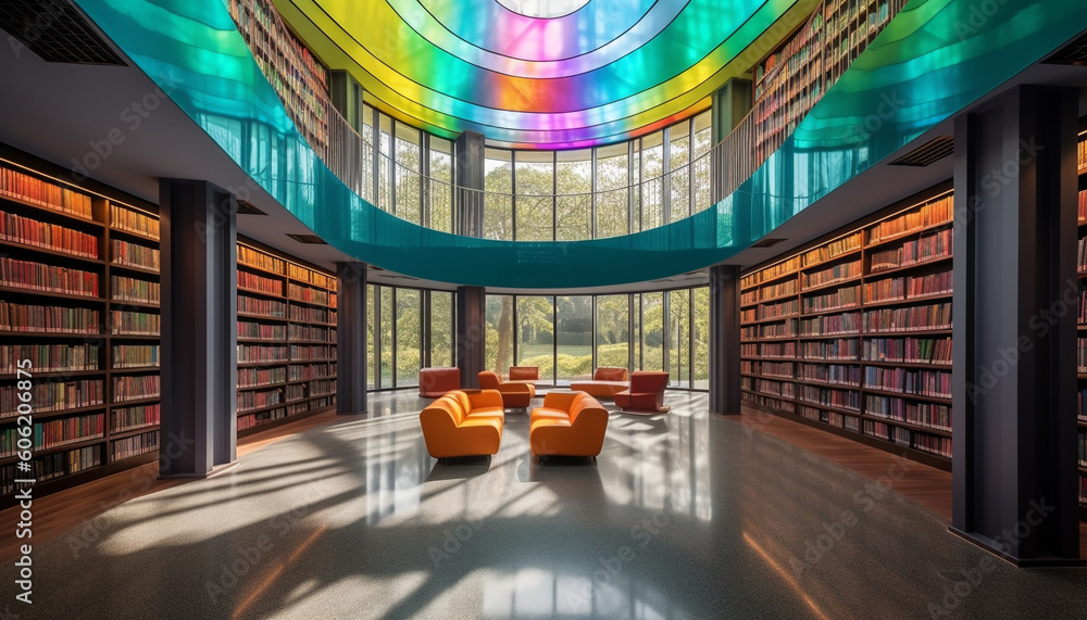 Poster modern bookshelf in library with bright collection generated by ai
