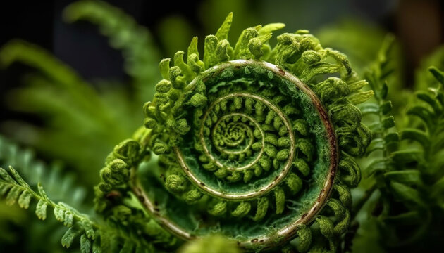 Fototapeta Organic fern frond spirals in lush rainforest generated by AI