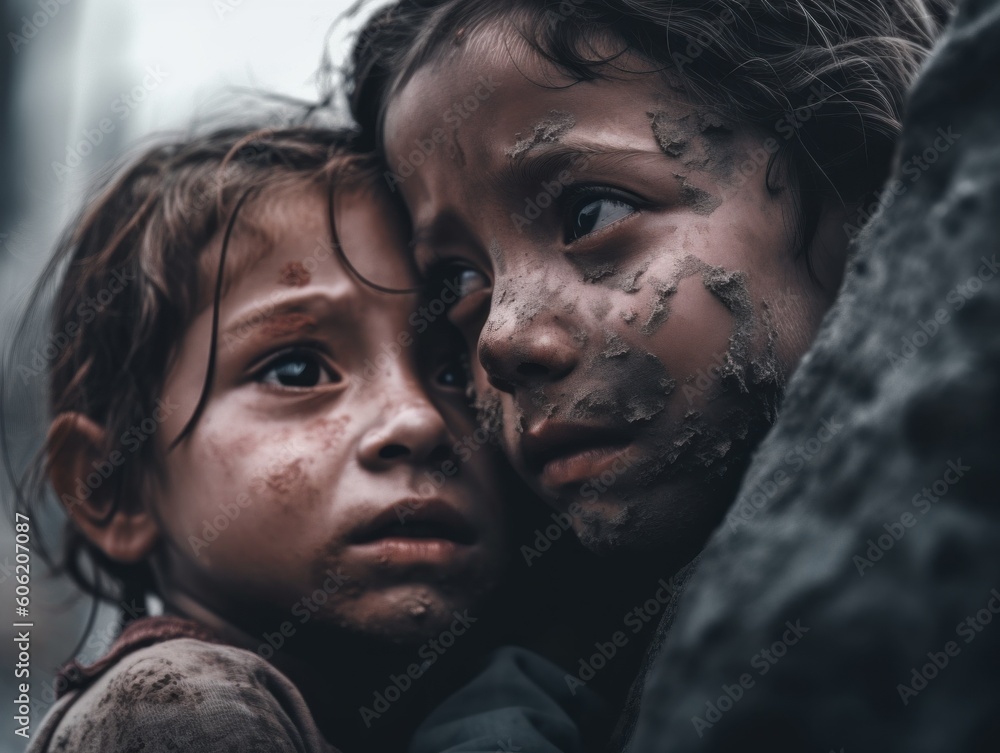 Aufkleber two children are hugging each other with mud on their faces. ai generative image.