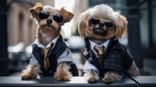 Two small dogs dressed up in suits and sunglasses. AI generative image.