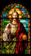 Fototapeta na wymiar a beautiful stained glass window of Jesus Christ. Vibrant colors. Modern design. AI generated image.