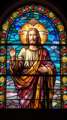a beautiful stained glass window of Jesus Christ. Vibrant colors. Modern design. AI generated image.