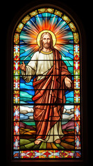 a beautiful stained glass window of Jesus Christ. Vibrant colors. Modern design. AI generated image.