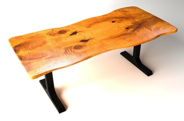 Wooden lacquered table with black metal legs on white background standing at an angle of perspective view. Woodworking and carpentry production. Furniture manufacture. Live edge elm slab coffee table.