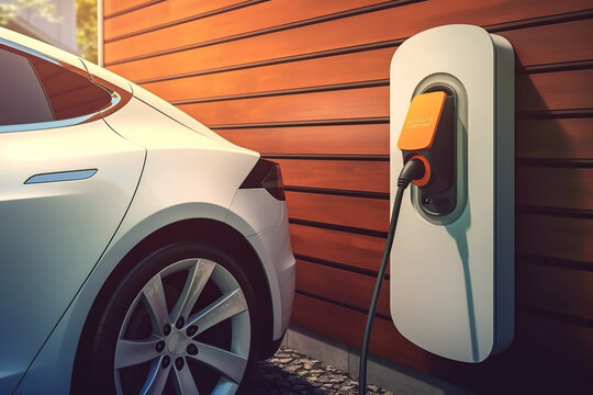 Electric car plugged to charging station outside home with power cable, generative AI