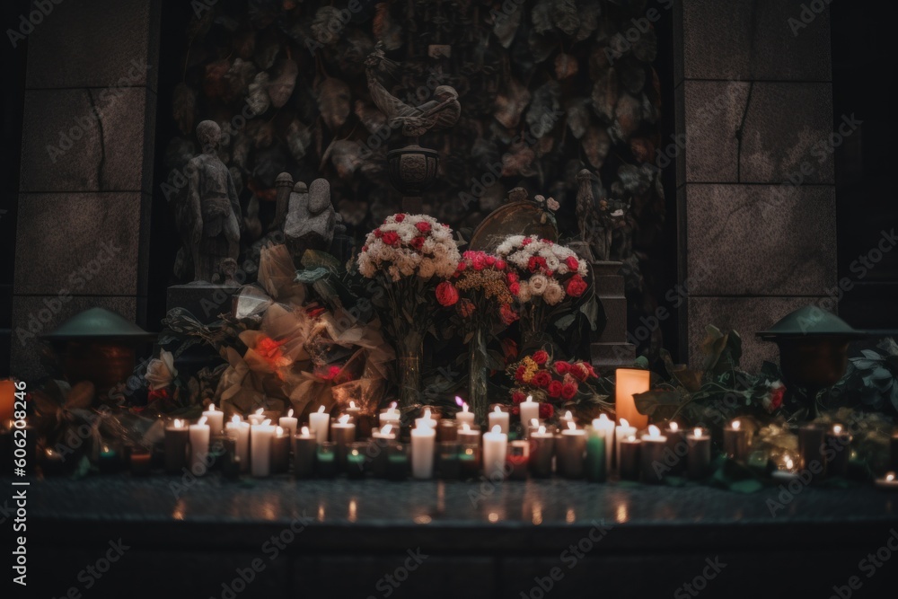 Poster a bunch of candles that are on a table. ai generative image.