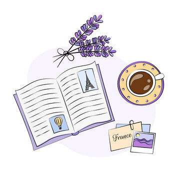 Vacation memories Vector illustration. Nostalgia for trip to France. Nostalgic diary or book, cup of coffee, photo of lavender fields and Eiffel Tower. French design with provence vibes
