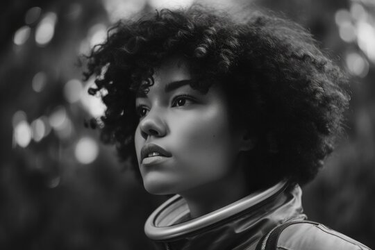 A black and white photo of a woman with curly hair. AI generative image.