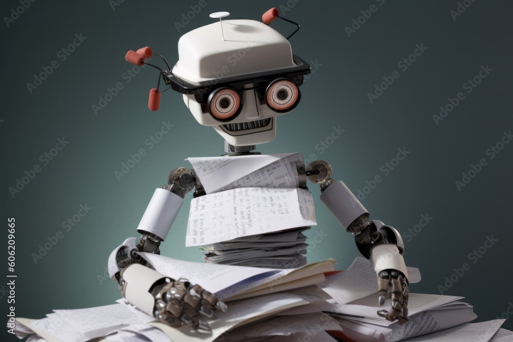 Aufkleber a robot sitting on top of a pile of papers. ai generative image.