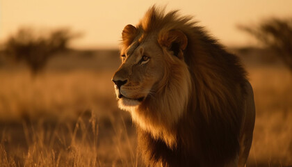 Majestic lioness walking through African savannah at dusk generated by AI