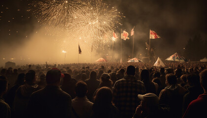Fototapeta na wymiar Large crowd celebrates Fourth of July fireworks display generated by AI