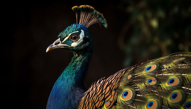 Peacock vibrant feathers showcase nature elegance and beauty generated by AI