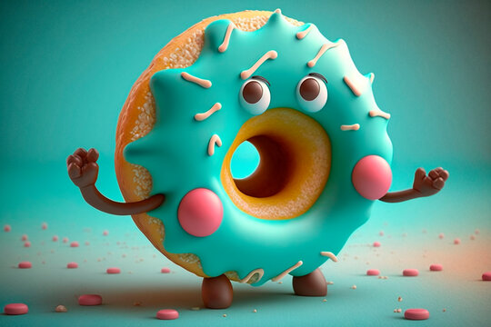 Cute donut with icing and eyes. Generative AI. Character for children's book, comic book, video game. National Donut Day or Fat Thursday. Funny illustration for pizzeria, cafe, fast food, menu