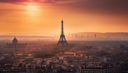 Fototapeta na wymiar Sunset illuminates famous city skyline, a romantic view generated by AI