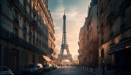 Fototapeta premium Sun sets on Paris, a city of history generated by AI