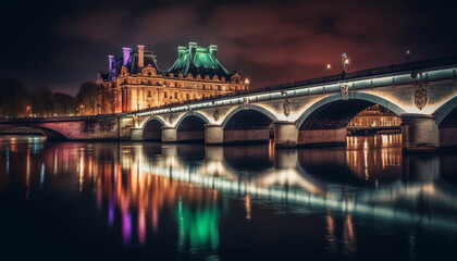 Fototapeta na wymiar Illuminated bridge reflects city history and architecture generated by AI