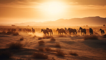 Fototapeta na wymiar Herd grazing on meadow, backlit by sunset generated by AI