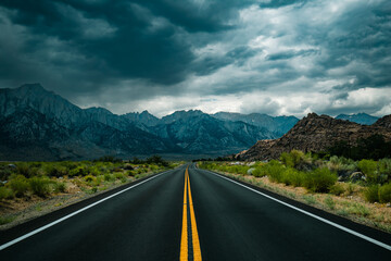 A road in Alabama Hills in cloudy moody day, Sierra Nevada Mountains, California, USA