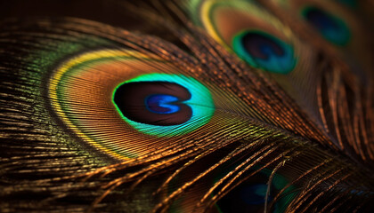 Vibrant peacock feathers showcase nature beauty and elegance generated by AI