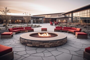 outdoor fire pit with red patio seating Generative AI