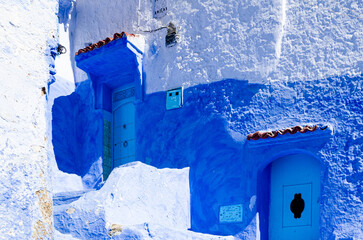 blue wall and doors of Chefchaouen in Morocco