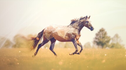 Obraz na płótnie Canvas A horse running through a grassy field with trees in the background. AI generative image.