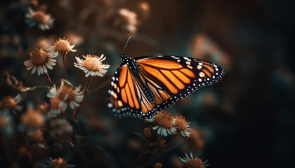 Fototapeta na wymiar Vibrant monarch butterfly pollinates fragility of flower generated by AI