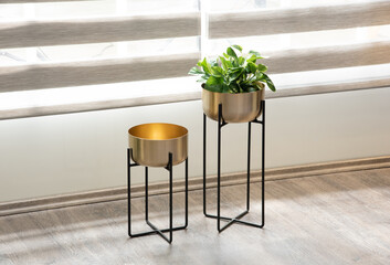 two planters with metal stands and small plants in them