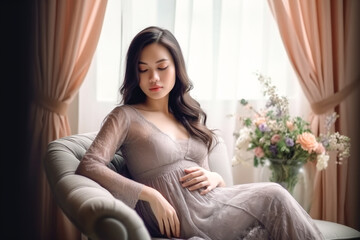 Beautiful pregnant Asian woman touching her belly waiting for baby, generative ai