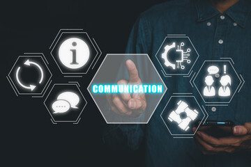 Communication concept, Person using smart phone and hand touching communication icon on virtual...