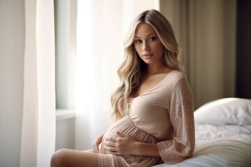 Beautiful pregnant blonde woman touching her belly waiting for baby, generative ai