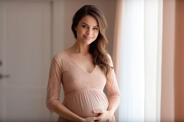 Beautiful pregnant woman touching her belly waiting for baby, generative ai