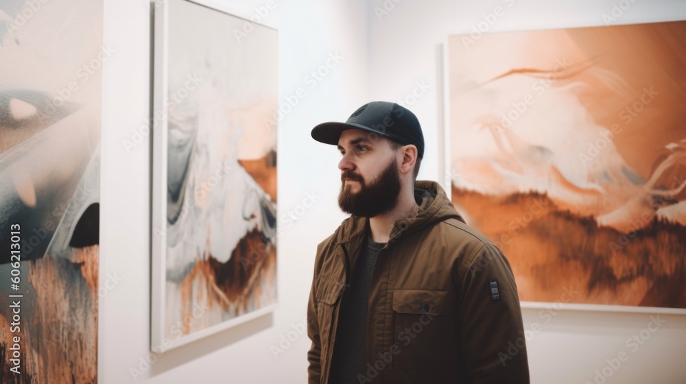 Poster a man standing in front of two paintings. ai generative image.