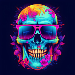 neon colored skull illustration, t-shirt print, generative AI