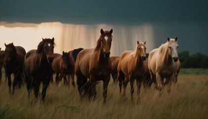Fototapeta na wymiar Running stallion in green meadow at sunset generated by AI