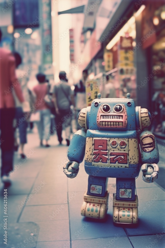 Poster a toy robot sitting on a sidewalk in front of a store. ai generative image.