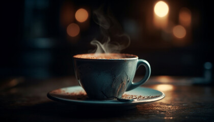 Obraz premium Fresh cappuccino on rustic wood table, steam rising generated by AI